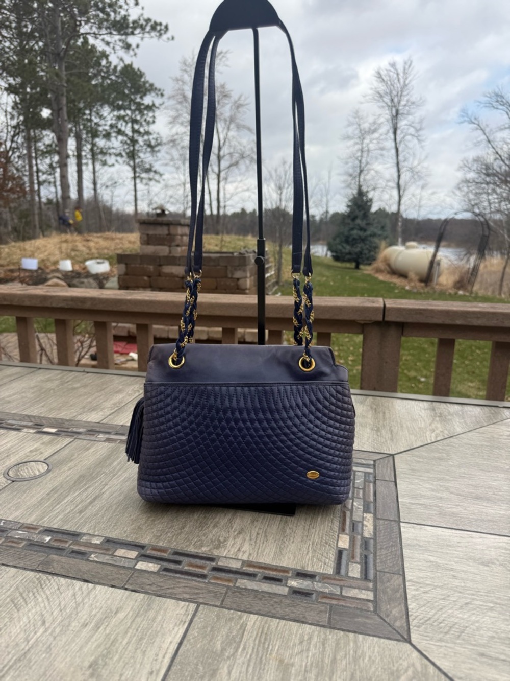 EUC Bally Vintage Soft quilted leather Navy Blue Gold Tassels shoulder Bag - Picture 5 of 15